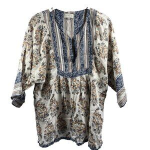 Lucky Brand Womens Top Medium Gauzy Viscose Bohemian 3/4 Sleeves Pullover V Neck
